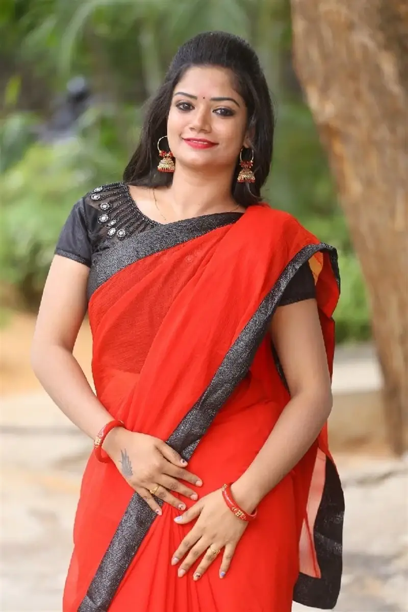 Telugu Girl Srujana in Red Saree